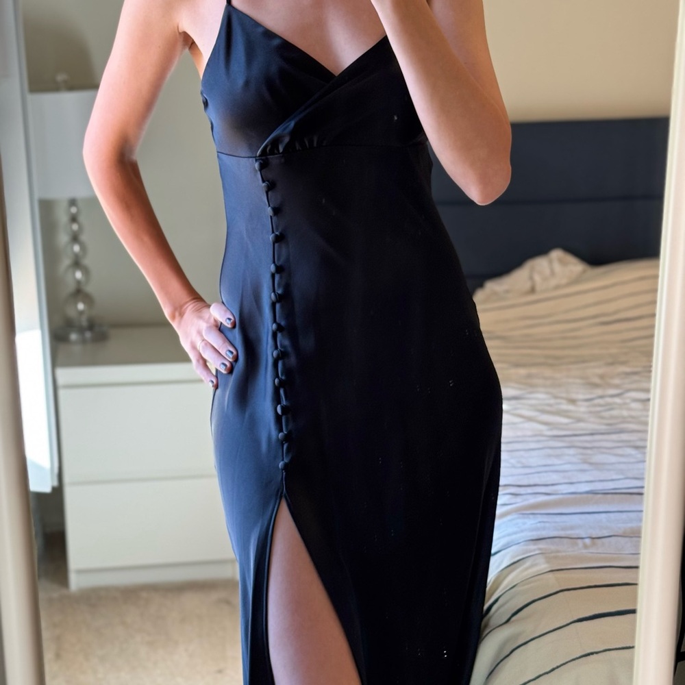 ZARA Black Satin Slip Maxi Dress With Side Slit - Size XS